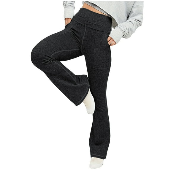 SELONE Black Gym Leggings for Women Flare Plus Size Workout Pants with Pockets Elastic Waist Full Length Curvy Casual Long Flare Workout Pants for Work out Solid Yoga S Breathable Gym Clothes
