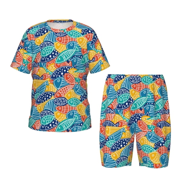 Balery Colorful Fish 1 Conjunto de Pijama Infantil de Manga Corta con Estampado – Ropa de Dormir de Algodón Suave-Medium