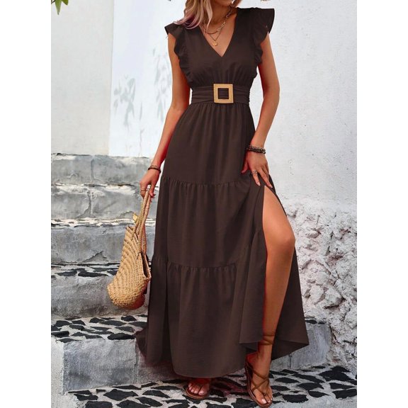 Womens Chocolate Brown V-Neck Tiered Maxi Dress With Ruffle Sleeves