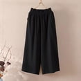 thumbnail image 2 of Women's Linen Blend Wide Leg Culottes Pants Elastic Waist with Gathered Pleats Breathable Loose Fit Mid-Length Trousers for Spring Summer Black XXL(XXL), 2 of 5