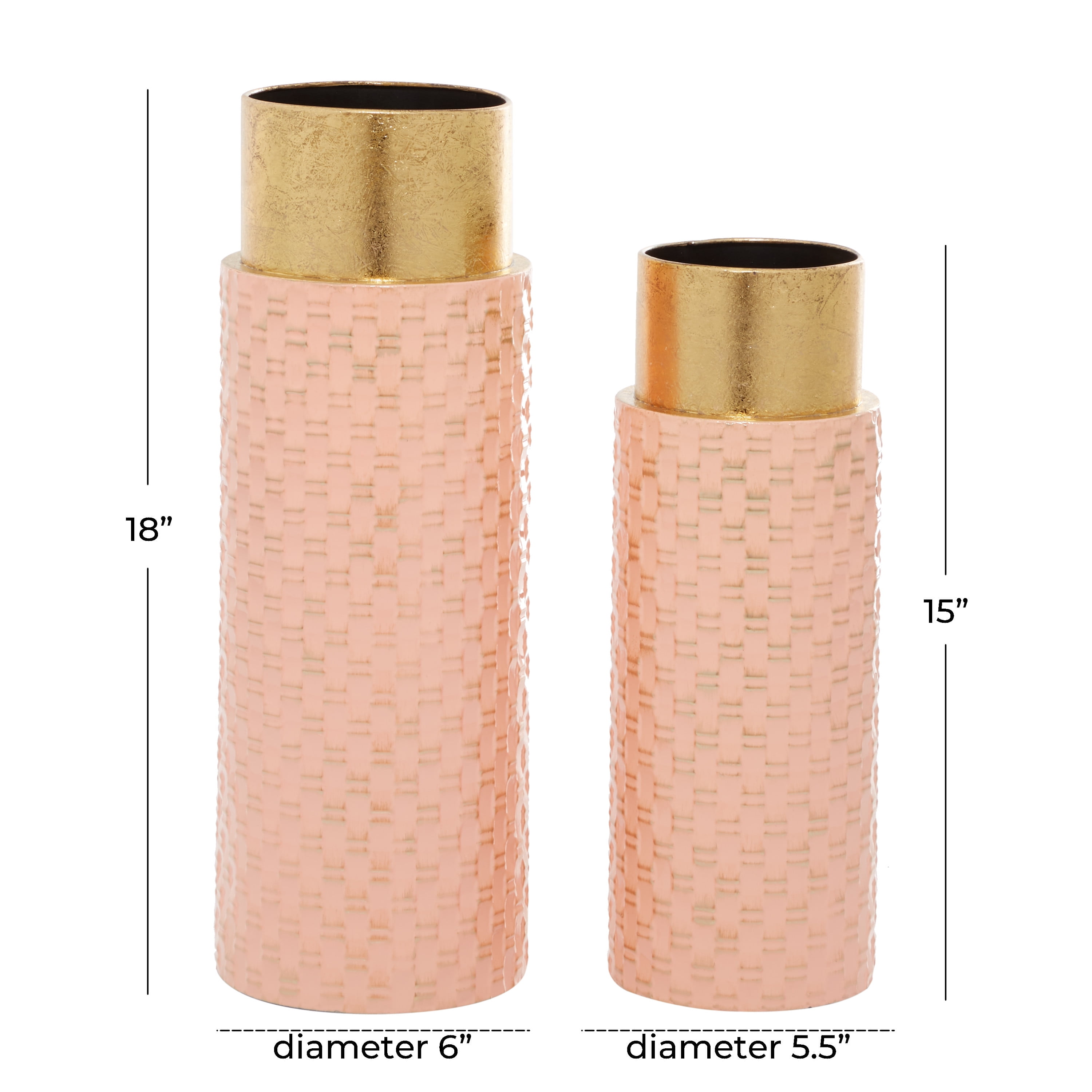 DecMode 18", 15"H Weave Inspired Pink Metal Vase with Gold Top, Set of 2