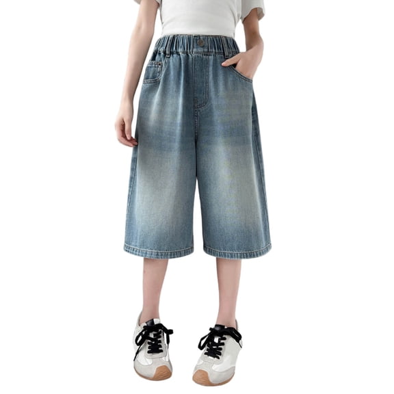Landzoo Little Girls Back To School Pants Solid Color Elastic Waist With Pockets Fall Soft Girls Denim Trousers Size 5-6 Years
