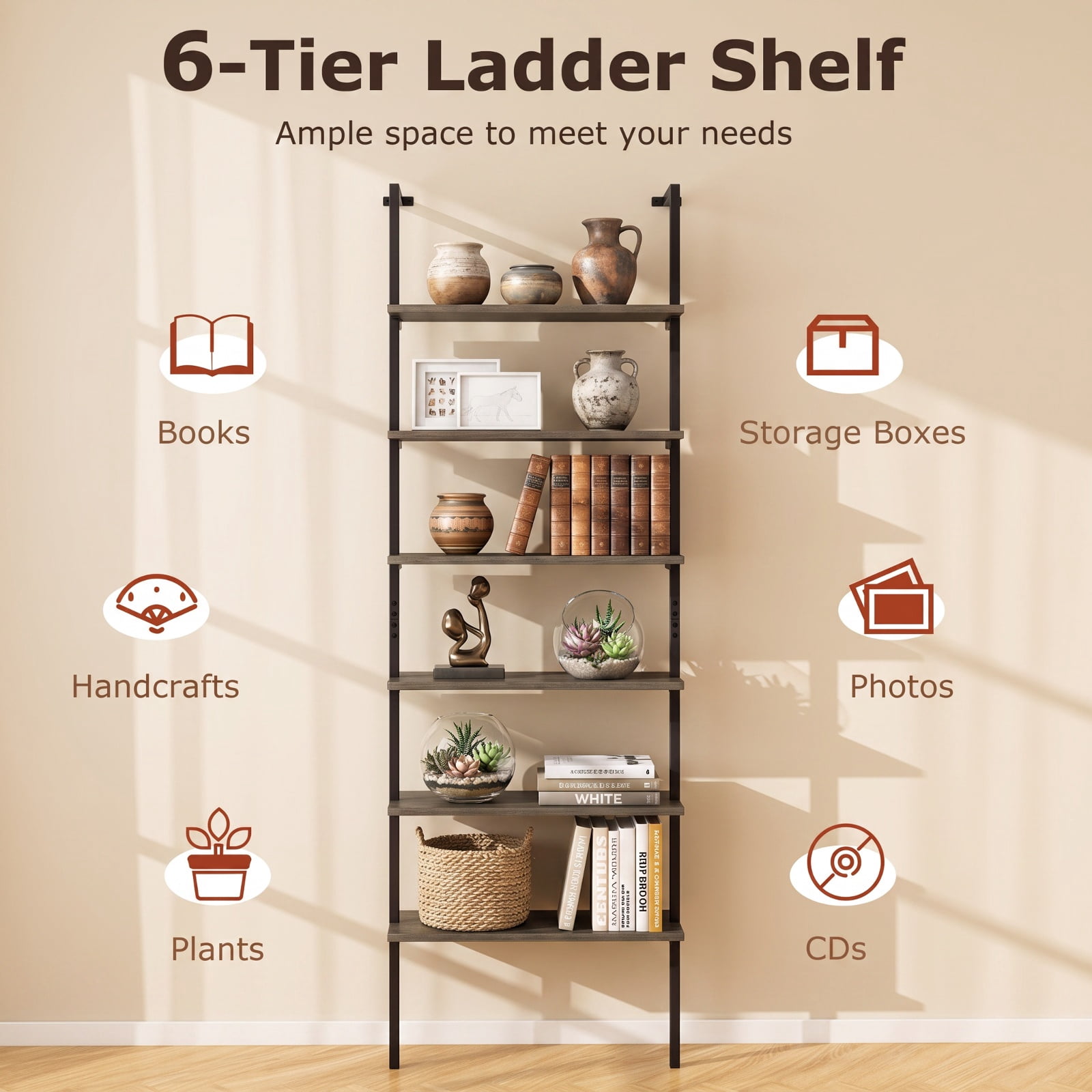 Furnibear 6-tier Ladder Shelf 72 Inches Industrial Wall Mounted Bookshelf for Living Room Home Office Bedroom Display Storage Shelf, Oak