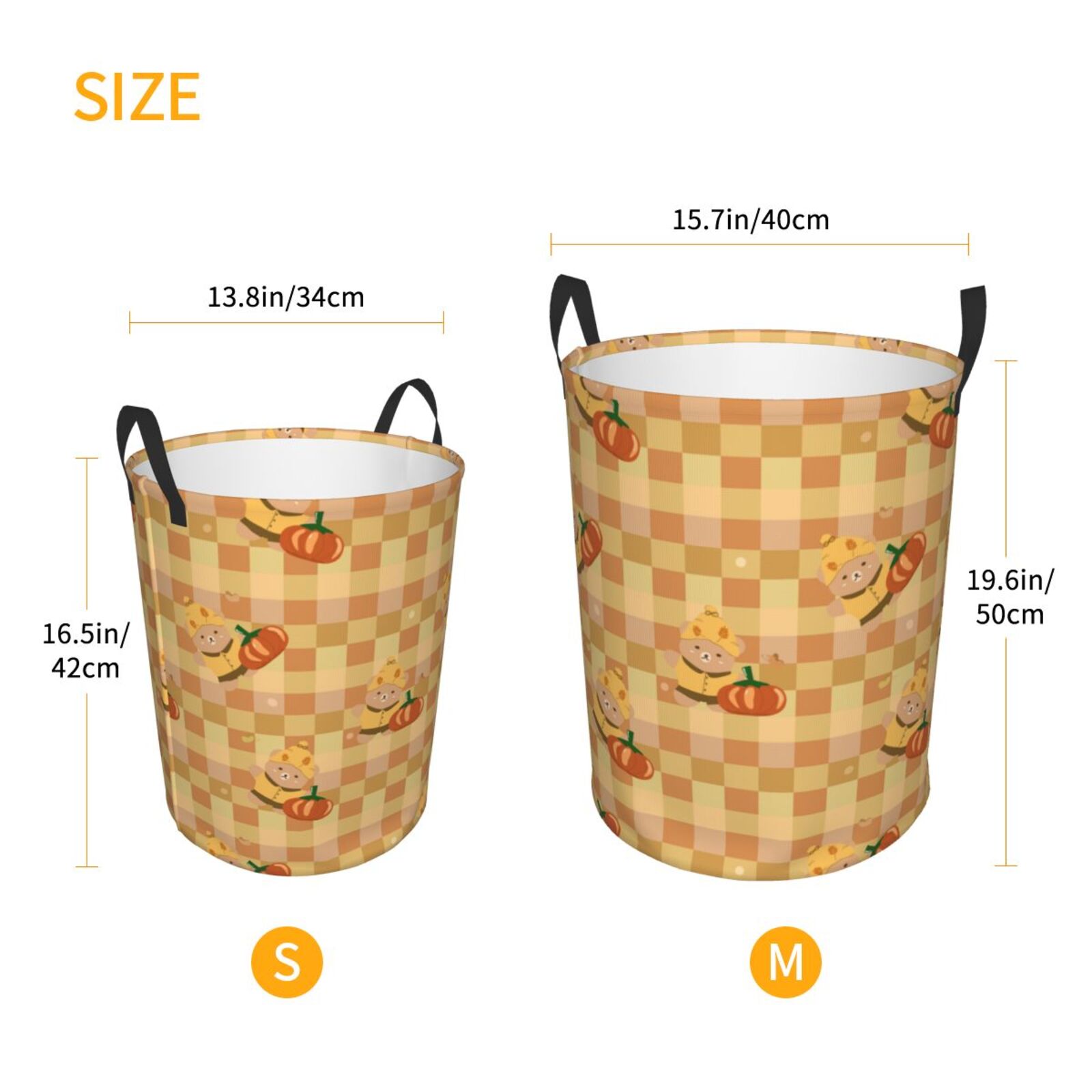 Large Laundry Basket with Handles - bear yellow pumpkin Autumn checkered Kids Baby Dirty Clothes Laundry Hamper for Bedroom Aesthetic