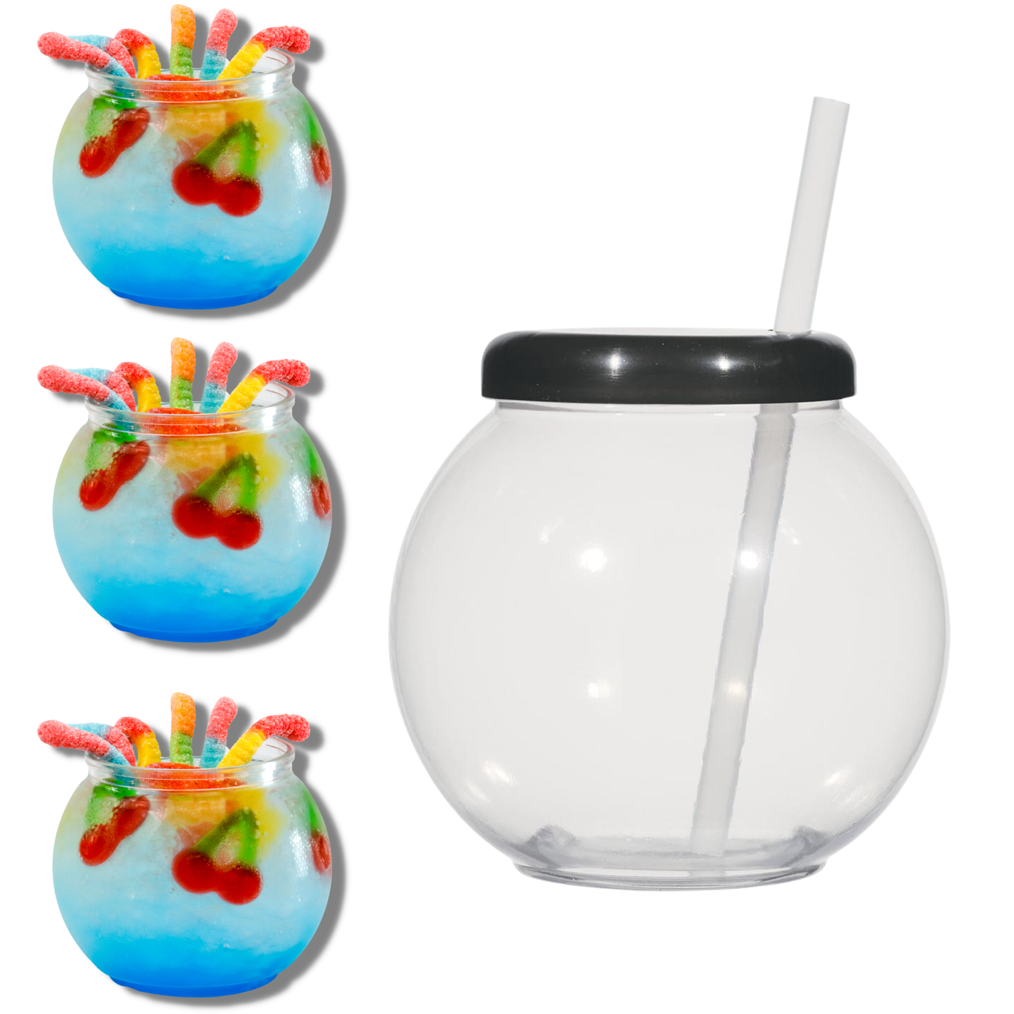 TIPSY UMBRELLA Clear Plastic Fish Bowls for Drinks with Lids and Straws