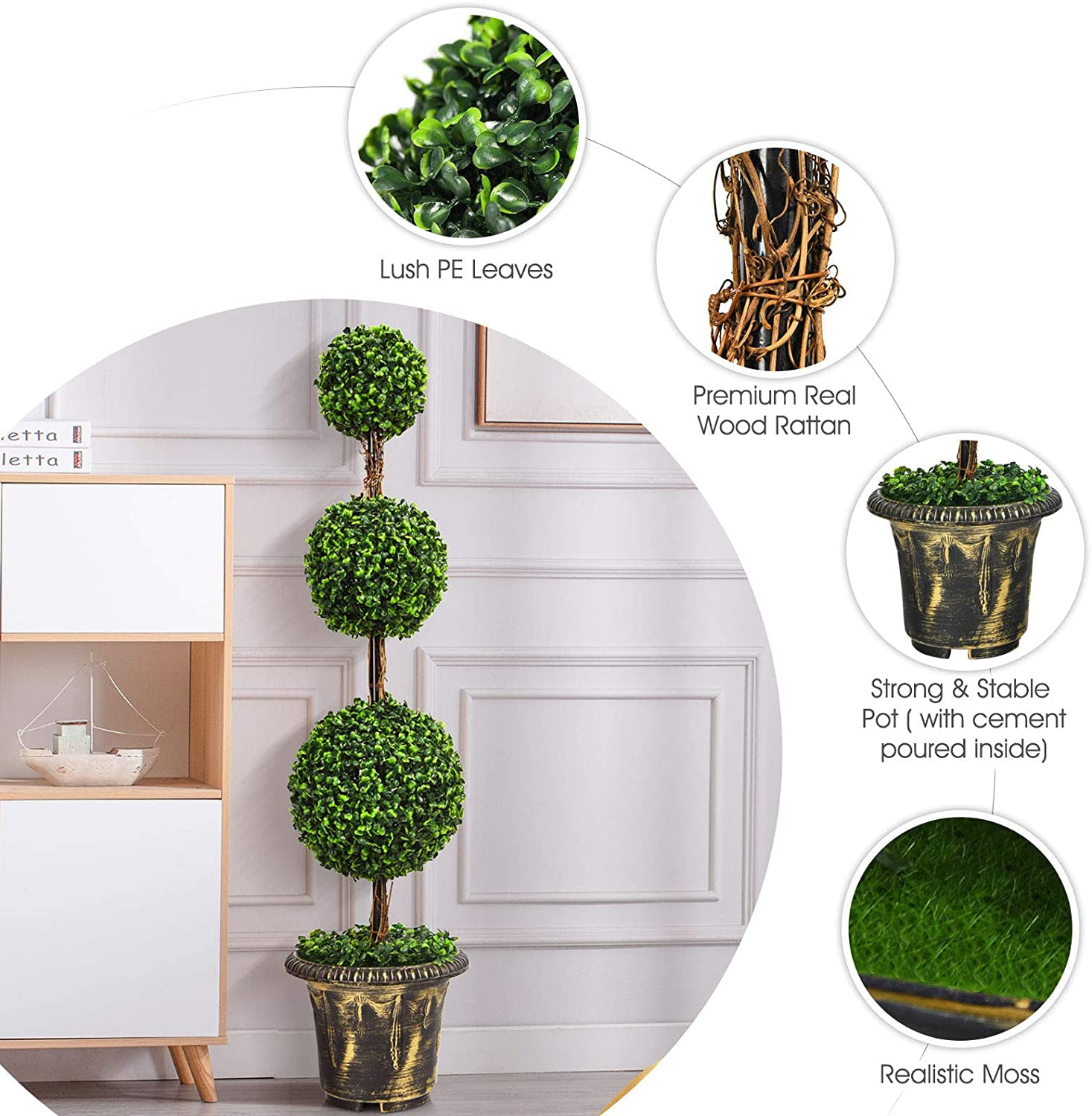 4ft Topiary Trees Artificial Outdoor, Triple Ball Boxwood Topiary w/Cement-Filled Retro Pot, Fake Plants Shrub Bushes for Home, Office, Porch, Front Door, Entrance, Backyard