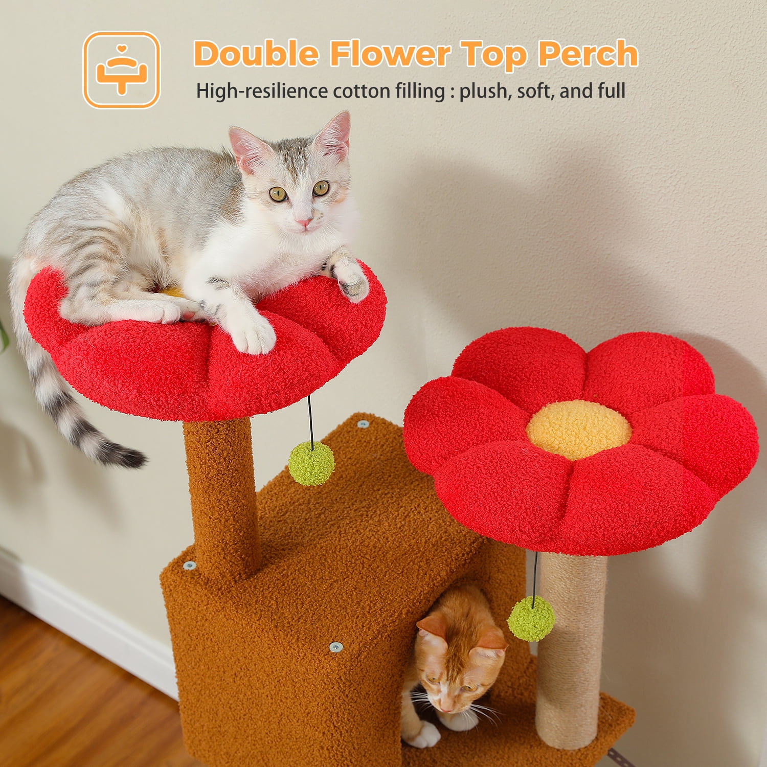 PEQULTI 52'' Flower Cat Tree for Indoor Pet Cute Cat Tower with Large Perch and Spacious Condo Brown