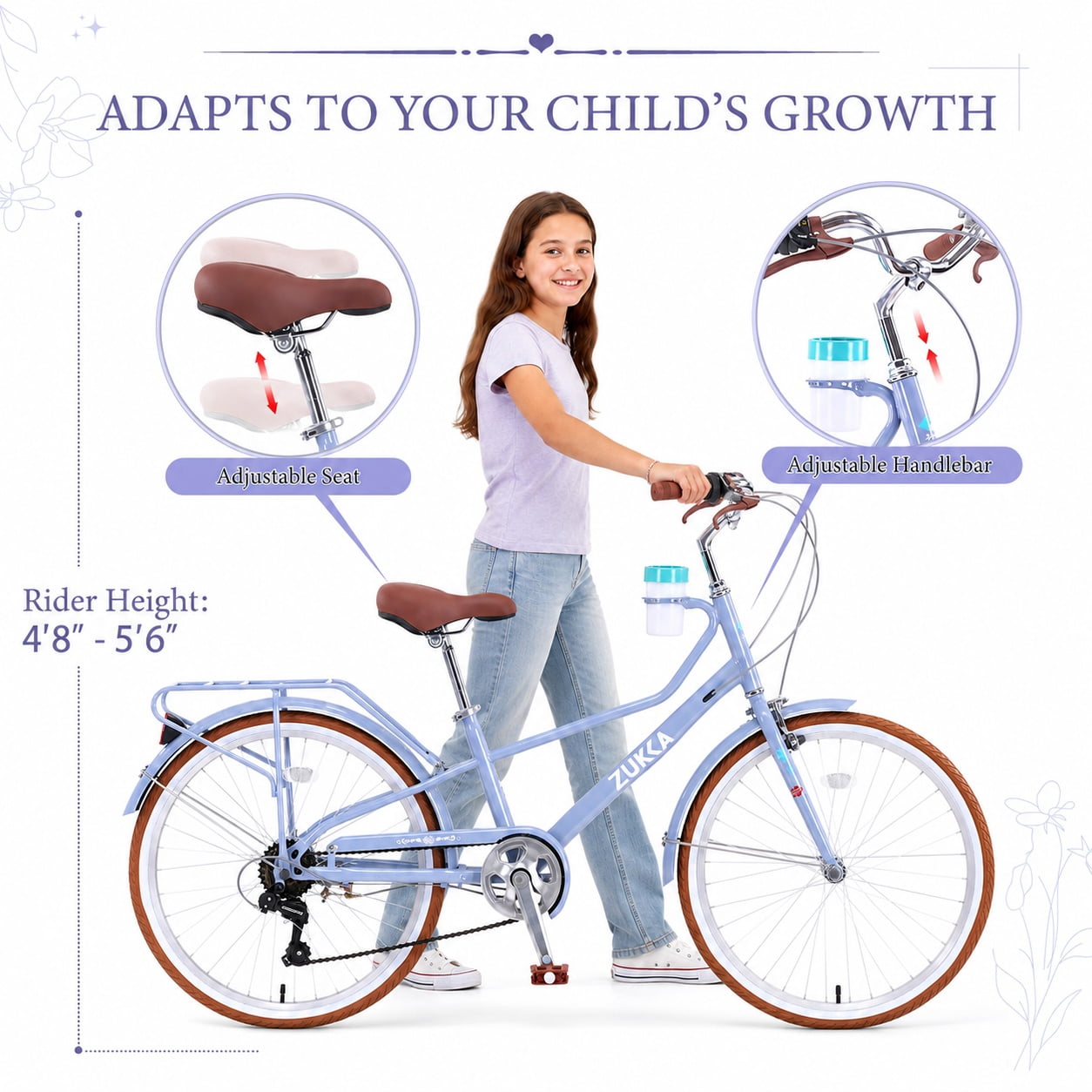 Aukfa 24 Inch Women's Cruiser Bike, 6-Speed Step-Through Commuter Bicycle with Cup Holder & Rear Rack,Blue