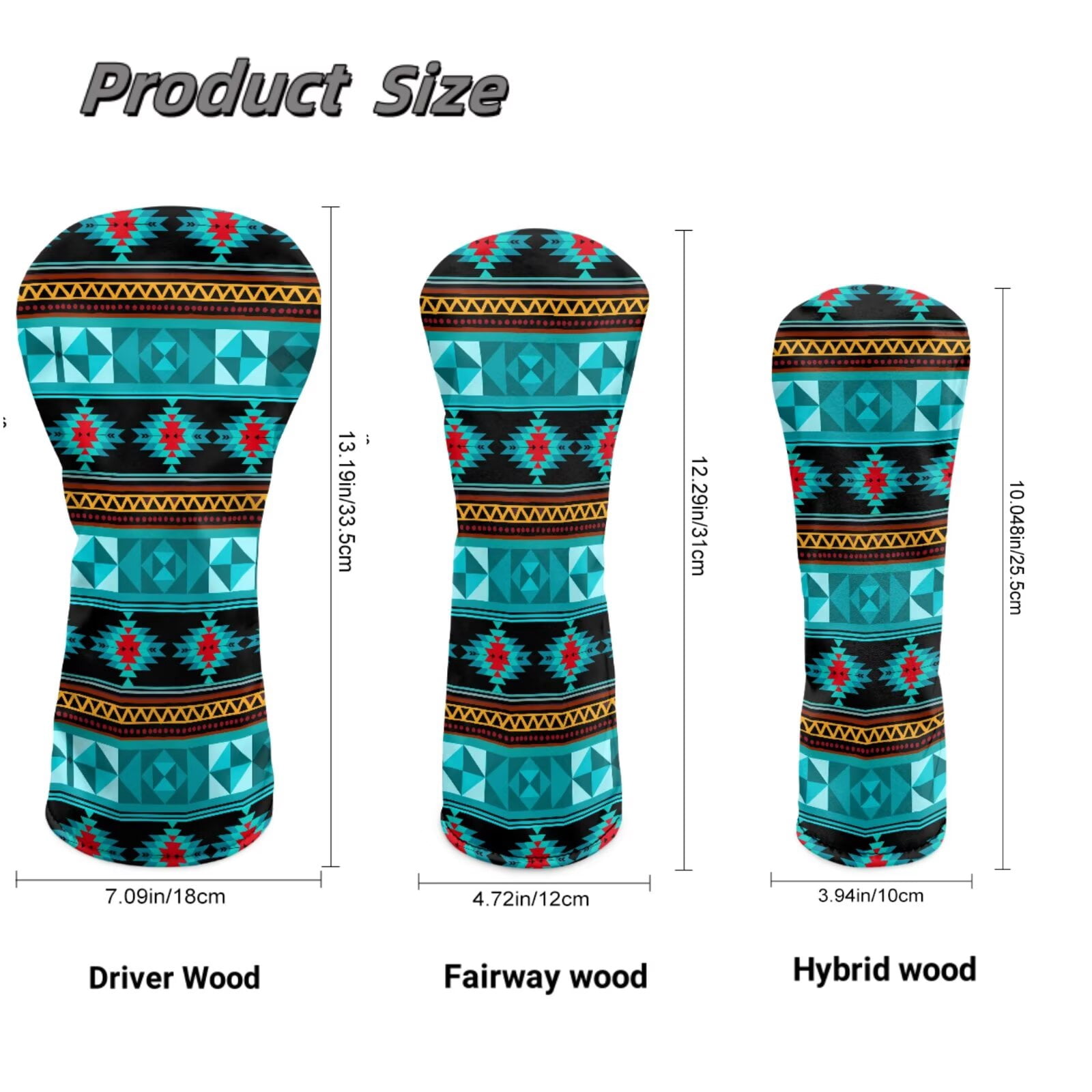 Uorisanigo Golf Club Head Covers - Driver, Fairway #3#5, Hybrid Headgear, Premium Aztec Turquoise Print Headcovers Set Fit Most Clubs, PU Leather Headcovers, Golf Accessories