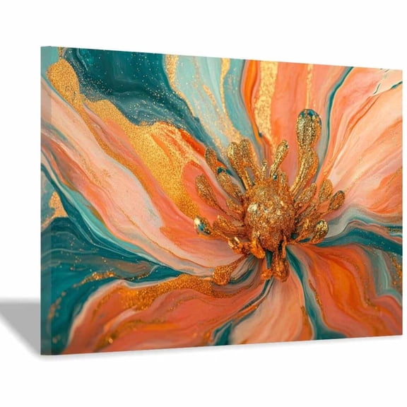 Mudket Orange and blue Flower with Gold Canvas Wall Art, Framed Floral Print, Ready to Hang Wall Decor for Bedroom Living Room, Abstract Artwork - 12"L x 8"W