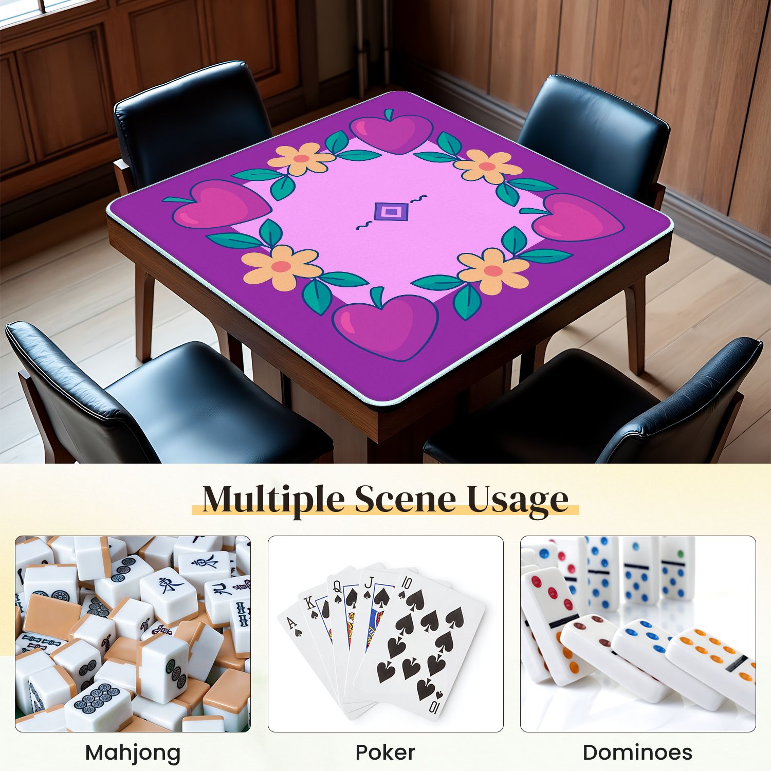 Mahjong Mat 31.5" x 31.5" Colorful Heart Flower Frame Geometric Center Anti-Slip and Noise Reduction Symmetry Design Mahjong Tiles Table Cover for Dominoes Poker Card Board and Tile Games