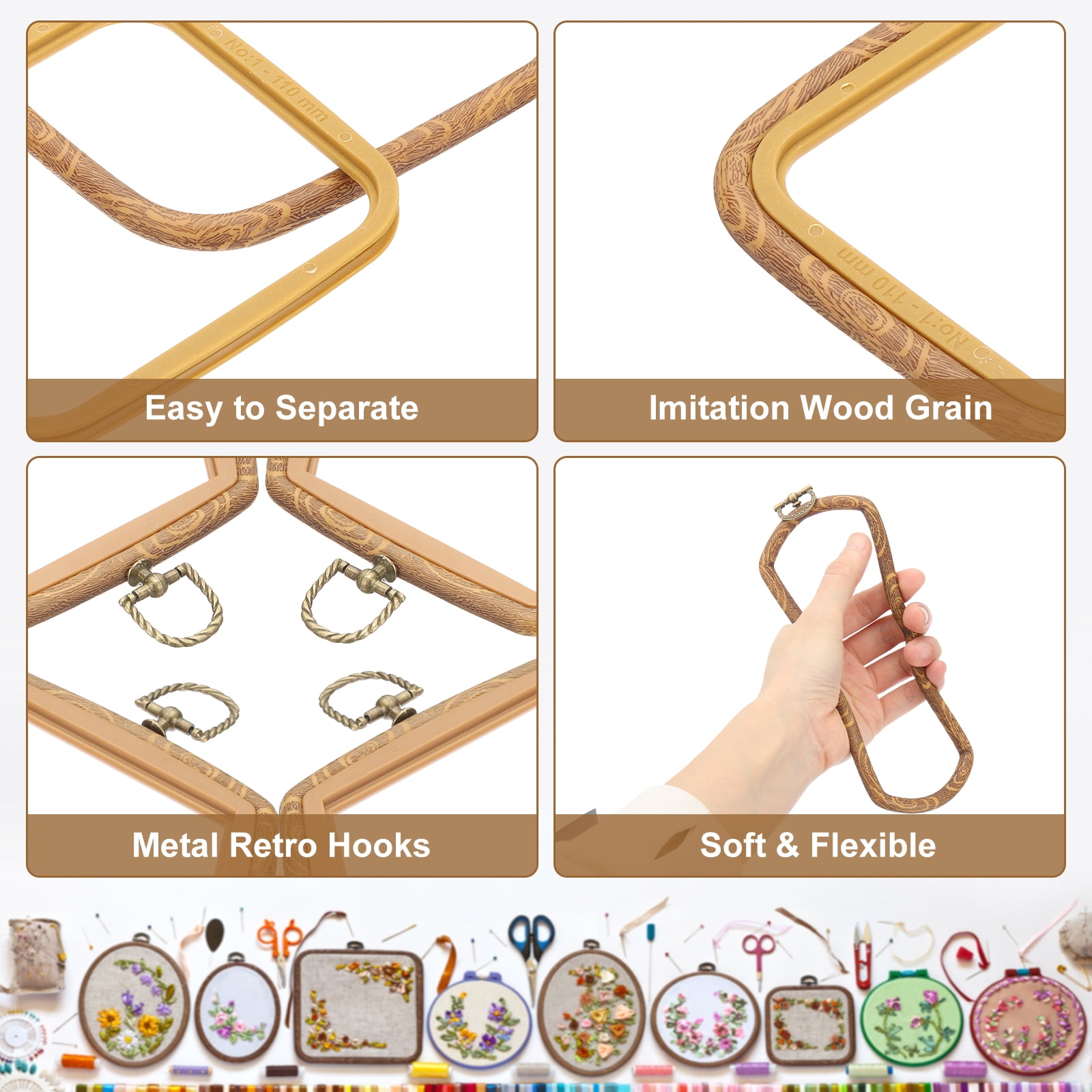 Uxcell 5 Pieces 3.5" x 3.9" Square Embroidery Hoops Frame Imitated Wood Circle Cross Stitch Hoop Ring for Embroidery Art Craft Handy Sewing Decoration, Brown