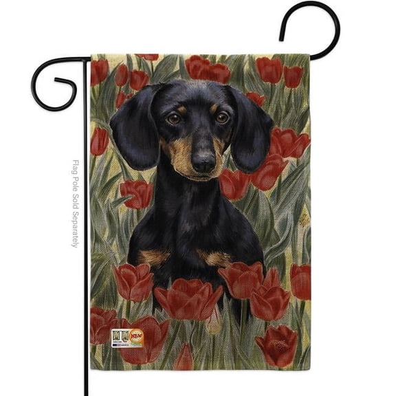 13 x 18.5 in. Dachsund in Tulips Burlap Nature Pets Impressions Decorative Vertical Double Sided Garden Flag