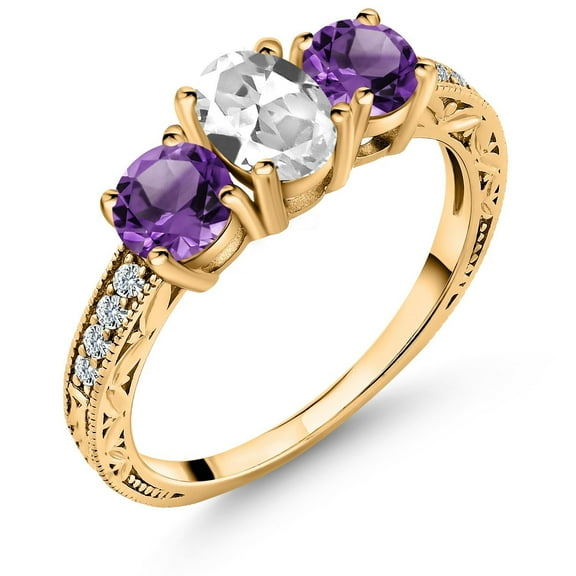 Gem Stone King 2.07 Ct White Created Sapphire Purple Amethyst 18K Yellow Gold Plated Silver Ring (Size 7)