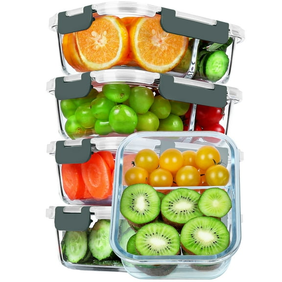 5-Pack 36 Oz, Glass Meal Prep Containers 2 Compartments, Portion Control Airtight Glass Food Storage Containers with Locking Lids, Microwave, Oven, Freezer and Dishwasher