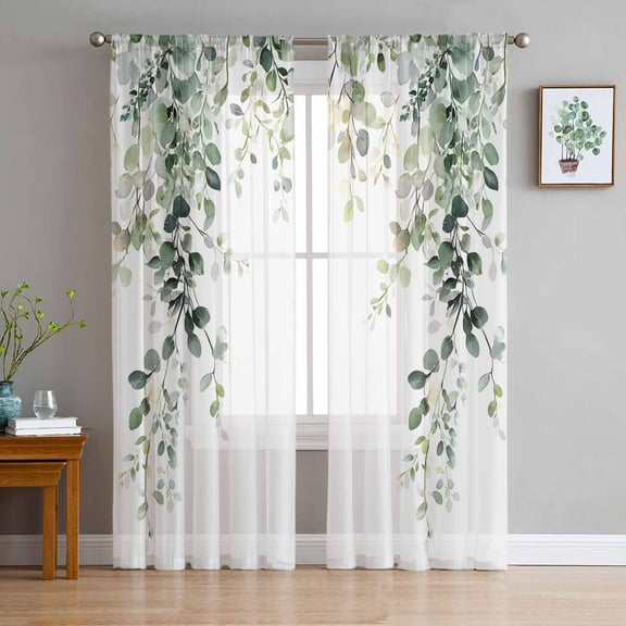 Eucalyptus Leaves Sheer Curtains 63 Inches Length 2 Panels Set, Window Sheer Curtains for Living Room/Bedroom, Spring Sage Green Summer Botanical Light Filtering Rod Pocket Curtain 52'' x 63'' x 2