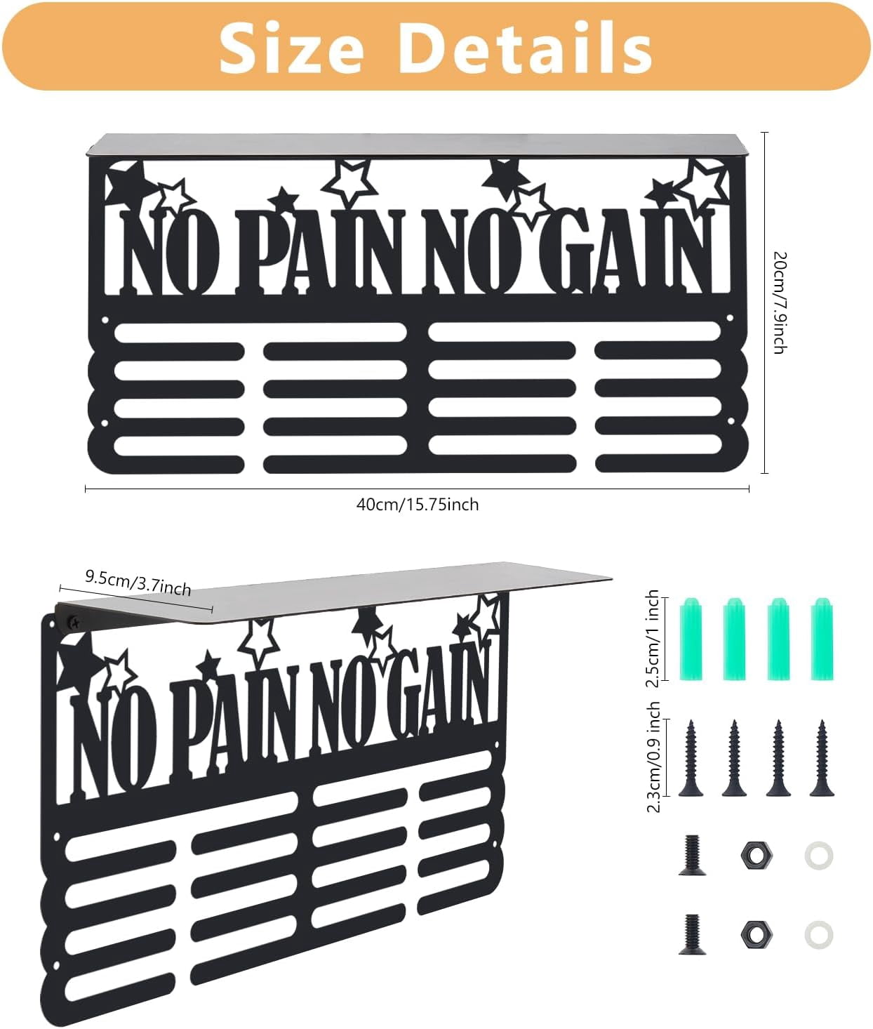 1set No Pain No Gain Trophy and Medal Display Shelf Stars Medal Hanger Display Trophy Shelf Sports Award Display Shelf for Wall Metal Wall Mount Award Ribbon Display for Athletes Black DIY