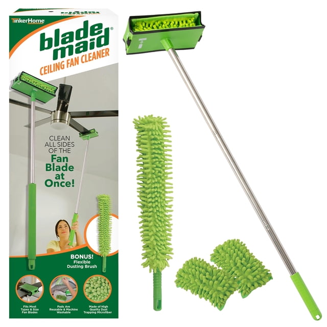 Blade Maid - Limpiador de Ventilador de Techo, Herramienta de Limpieza con Poste Extensible de 3 pies, Cabezal de Limpieza, Plumero de Fibra Reutilizable y Cepillo para Polvo Flexible
