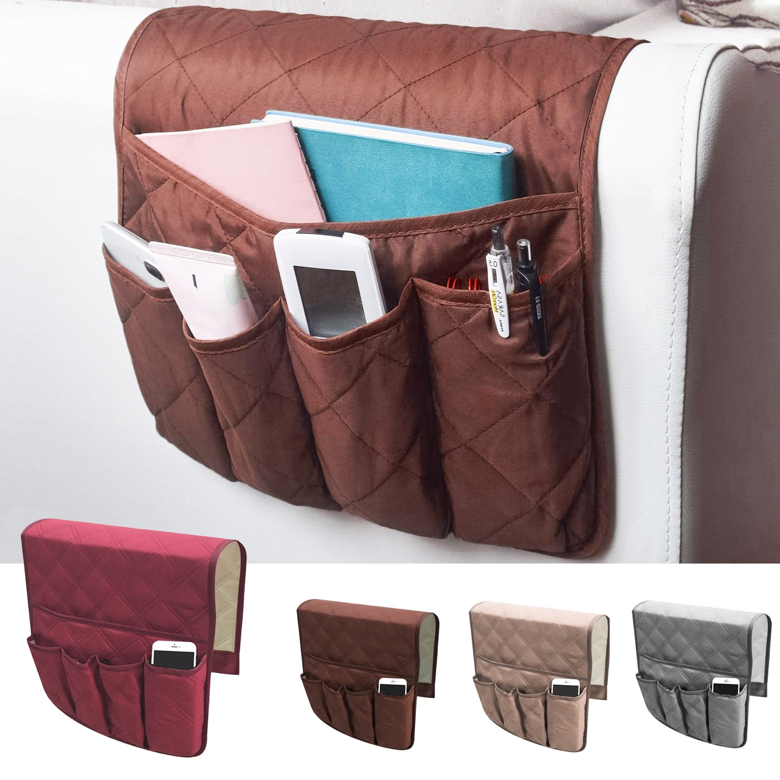 Brown Book Magazines TV Remote Control Etiger Sofa Chair Couch Armrest Organizer Phone Pad 5 Pockets Non-Slip Armchair Storage Bag Sofa Armrest Storage Pouch Holder for Tablet 