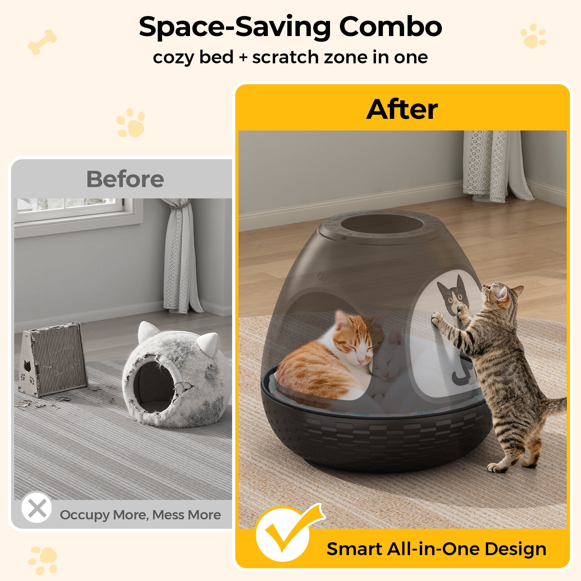 Jaxpety 4-in-1 Cat Bed for Indoor Cats, Large Cat House with Cat Scratcher, Odor Control & Plant Pot Design, Enclosed Cat Cave for Kitten & Adult Cats,Black