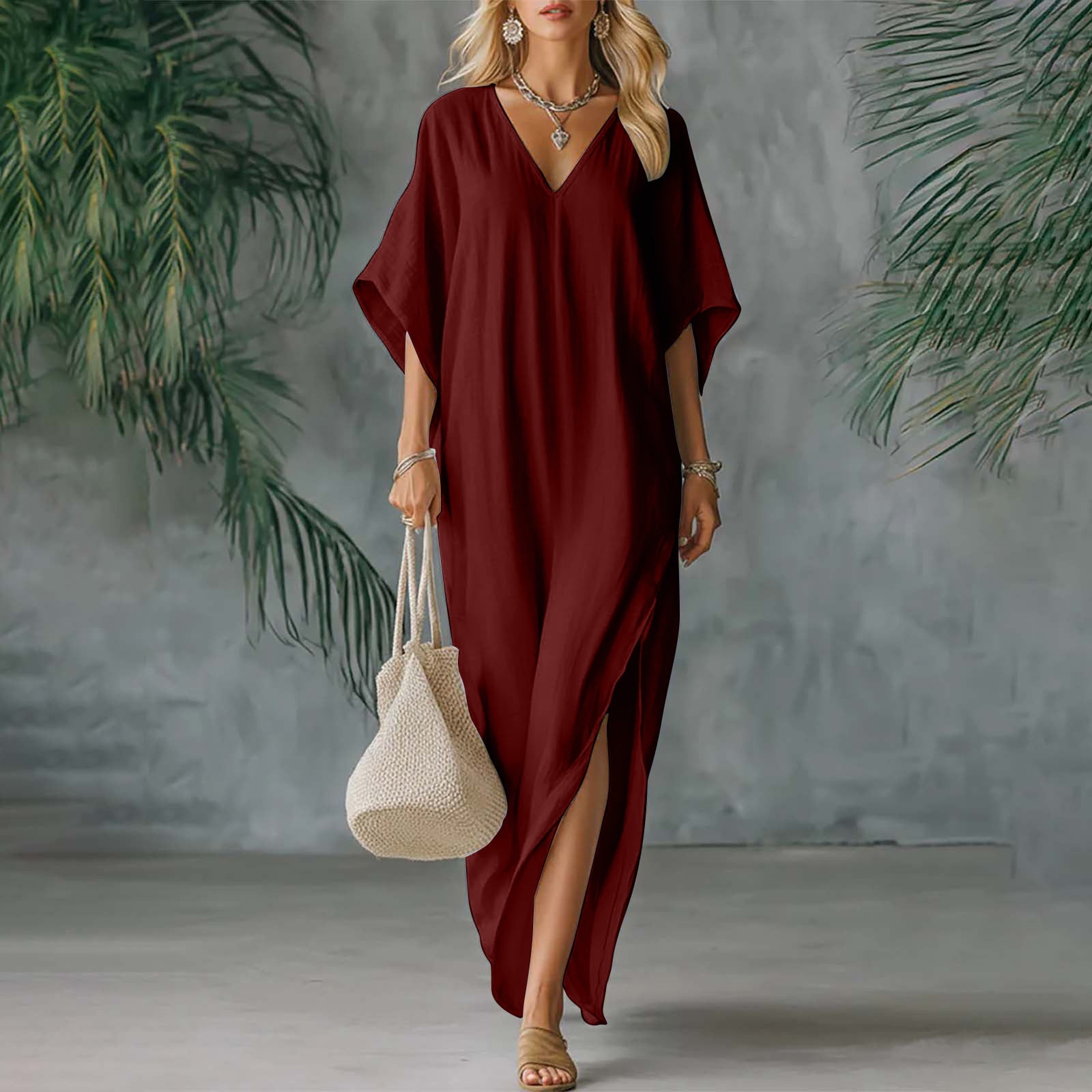 Xdegoge Linen Maxi Caftan Dress for Women V Neck Batwing Sleeve