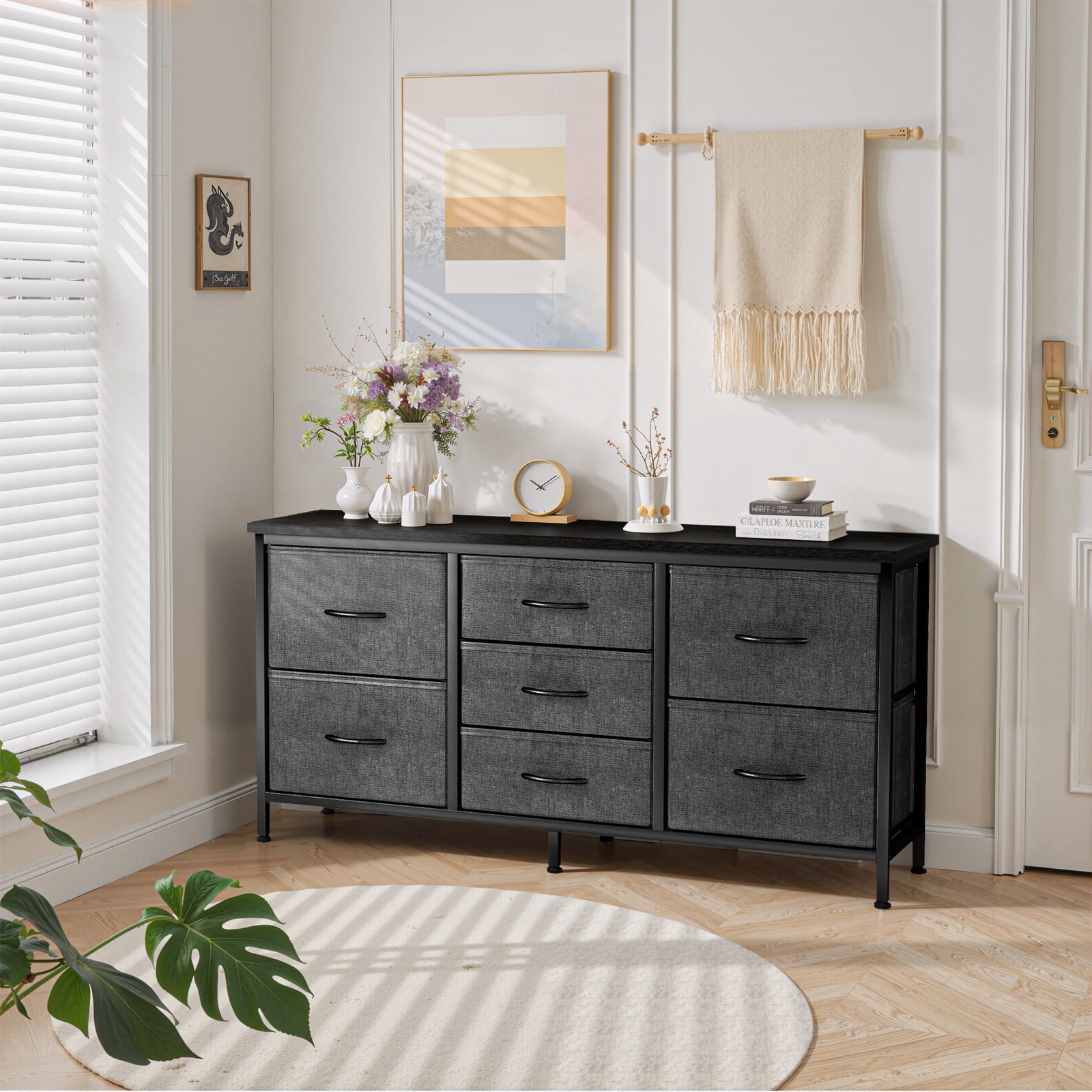 Dresser, Betcozy Storage Organizer with 7 Drawers for Bedroom, Chest of Drawers with Fabric Bins, Sturdy Metal Frame, Wood Tabletop for Guest Room, Closet, Entryway, Nursery, Gray