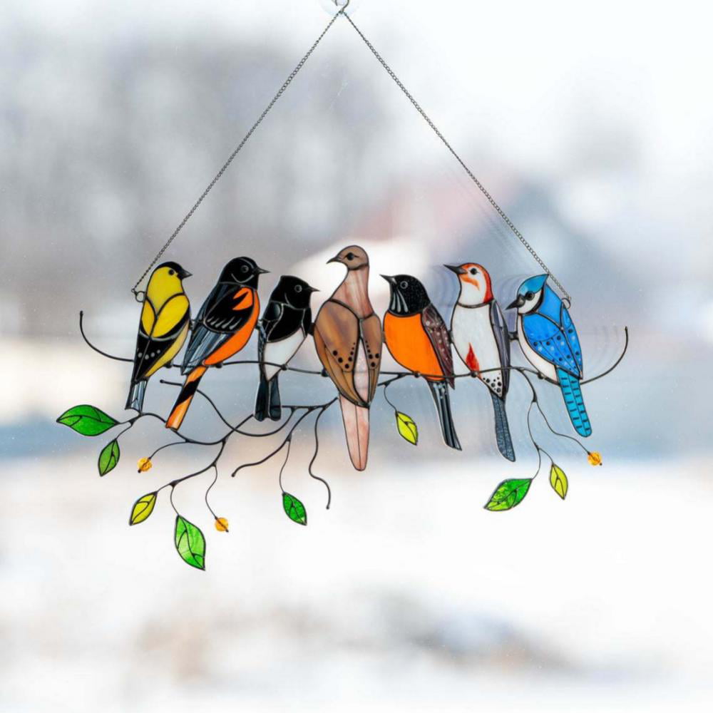 Multicolor Birds on A Wire High Stained Glass Suncatcher Window Panel Hanging for Windows Doors Home Decoration and Gifts Stained Glass Birds Window Hangings ​Home Decoration 11 Birds