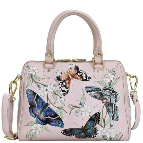 Anuschka Women’s Genuine Leather Zip Around Double Handle Convertible Classic Satchel │ Hand Painted Exterior │ Butterfly Melody