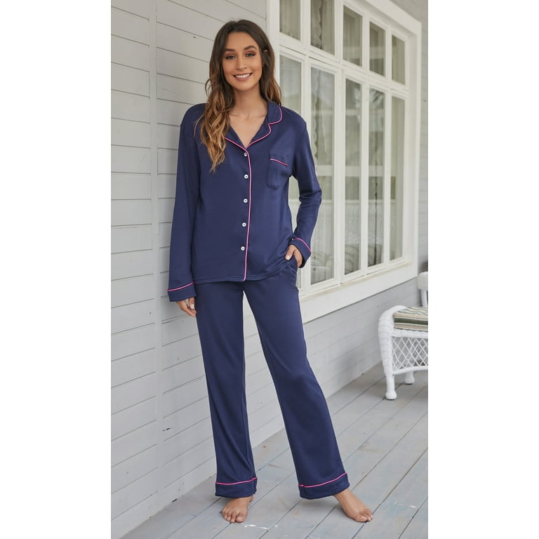 HEARTNICE Women Button up Pajama Set Long Sleeve Sleepwear Lightweight Pjs  Set, Navy XL