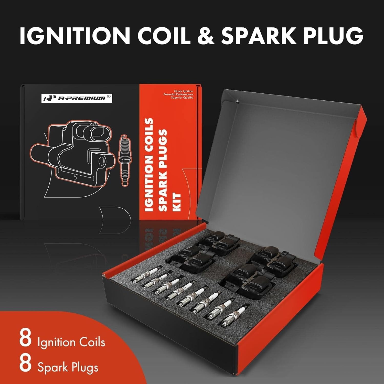 A-Premium Set of 8 Ignition Coil Pack and Iridium Spark Plugs Compatible with Mercedes-Benz E500 S430 CL500 CLK500 S500 SL500 CLK430 G500 G55 AMG