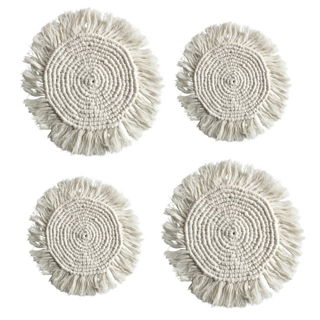 Ilios Innova | Paquete de 4 manteles estilo boho macramé de algodón, manteles decorativos versátiles para múltiples espacios, 25 y 35 cm de diámetro.