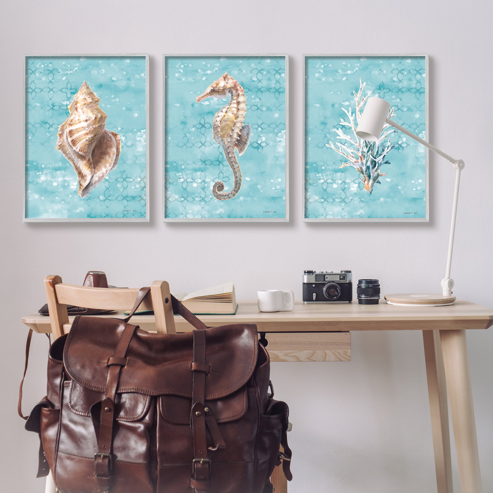 Stupell Industries Turquoise Sea Life Animals & Insects Painting Gray Framed Art Print Wall Art, 24 x 30, Set of 3