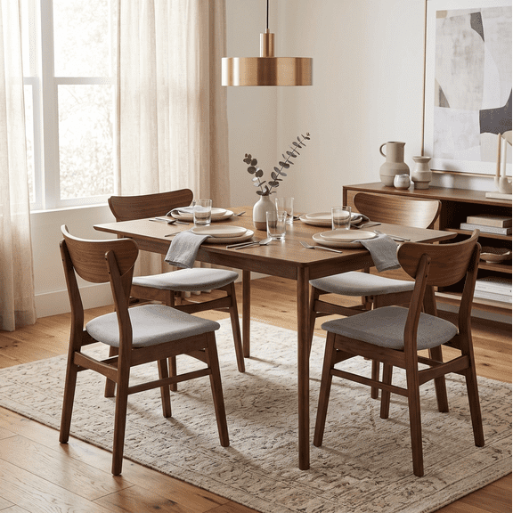 Mid-Century Modern Upholstered Dining Side Chairs with Curved Back, Set of 2, Walnut and Light Gray