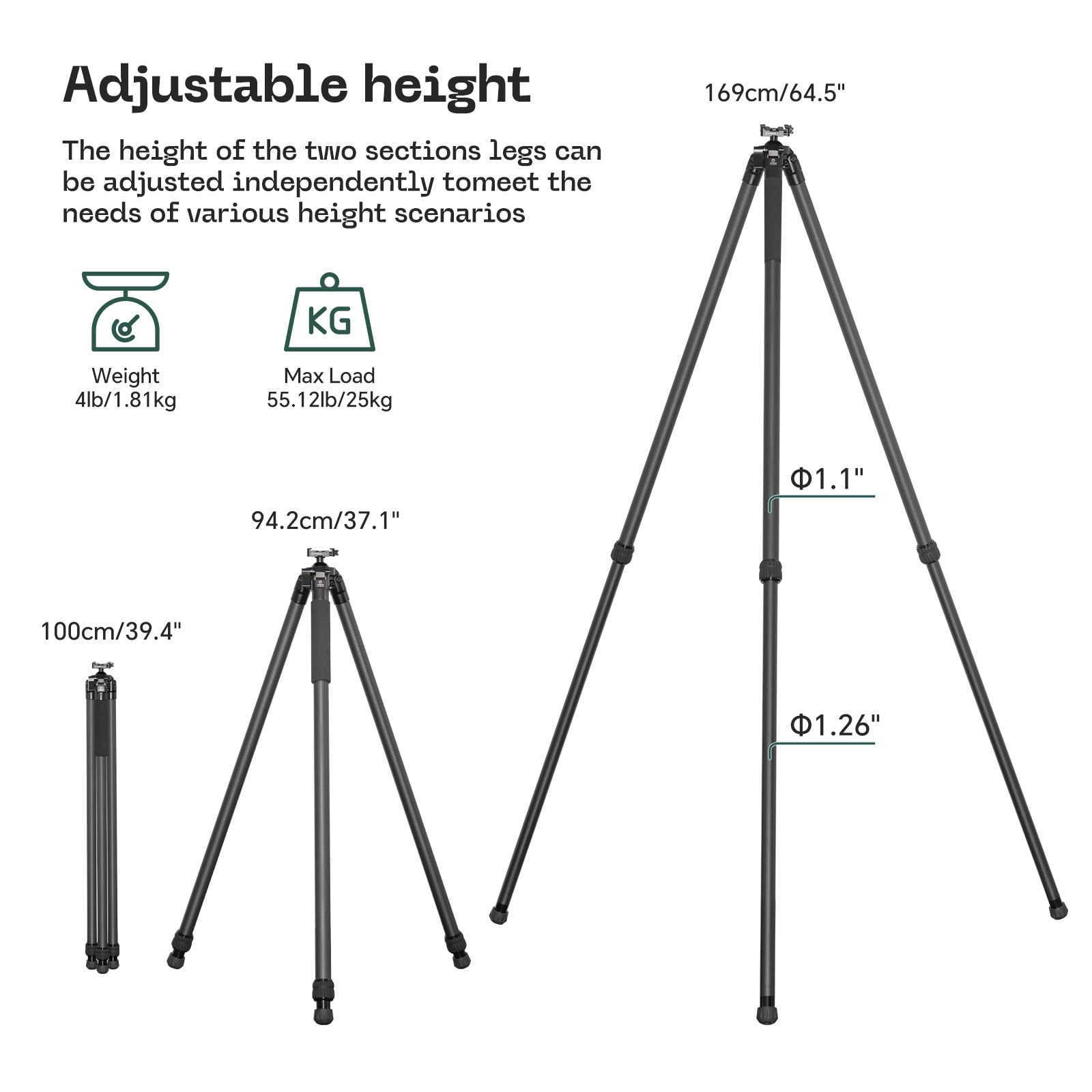 FANAUE Carbon Fiber Tripod with 45mm Ball Head - Lightweight, Sturdy, and Adjustable for Photography, Hunting, and Spotting Scopes HT-3220-45