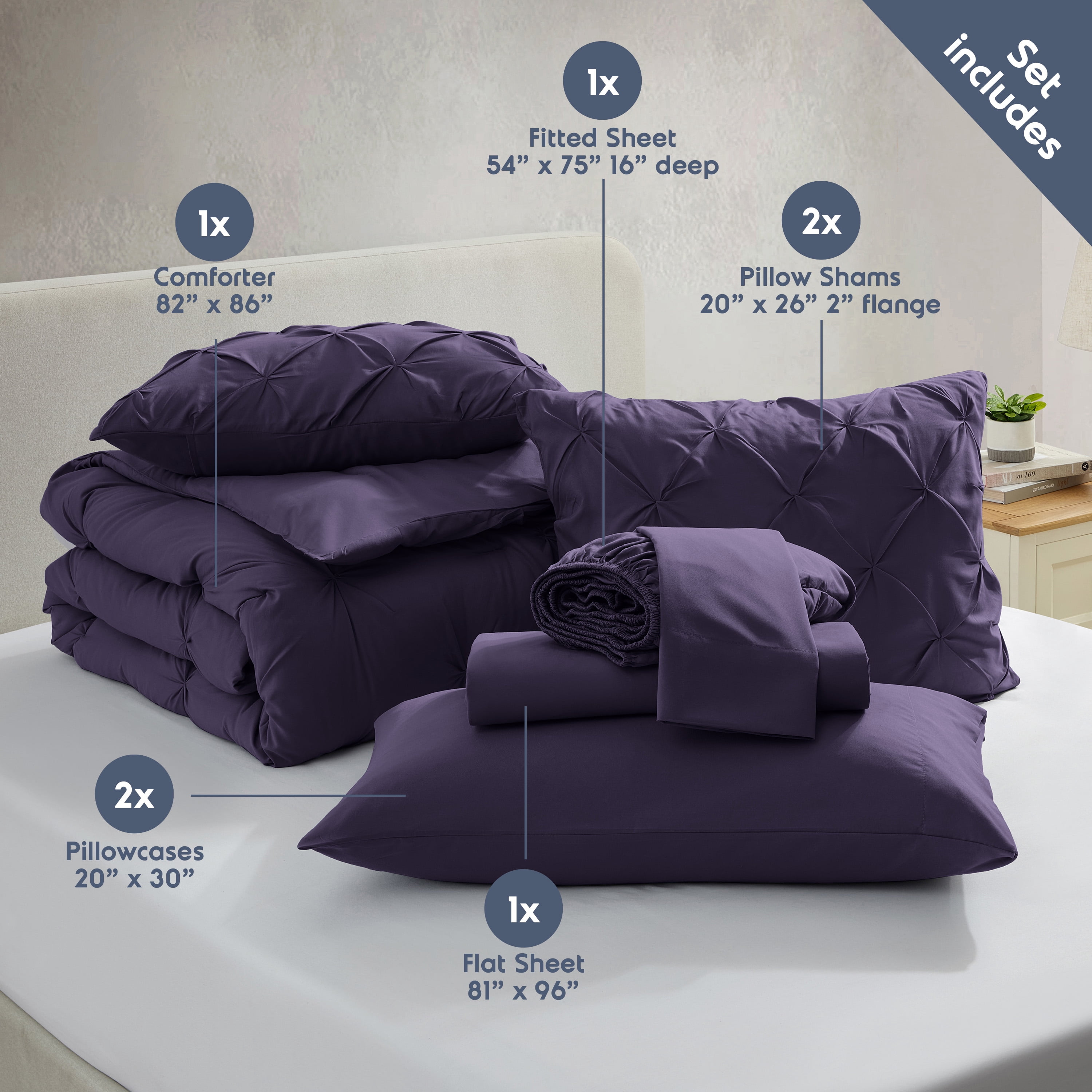 LammaLoe Full Size Comforter Sets, 7 Piece Bed In A Bag Pintuck Bedding Sets, Purple