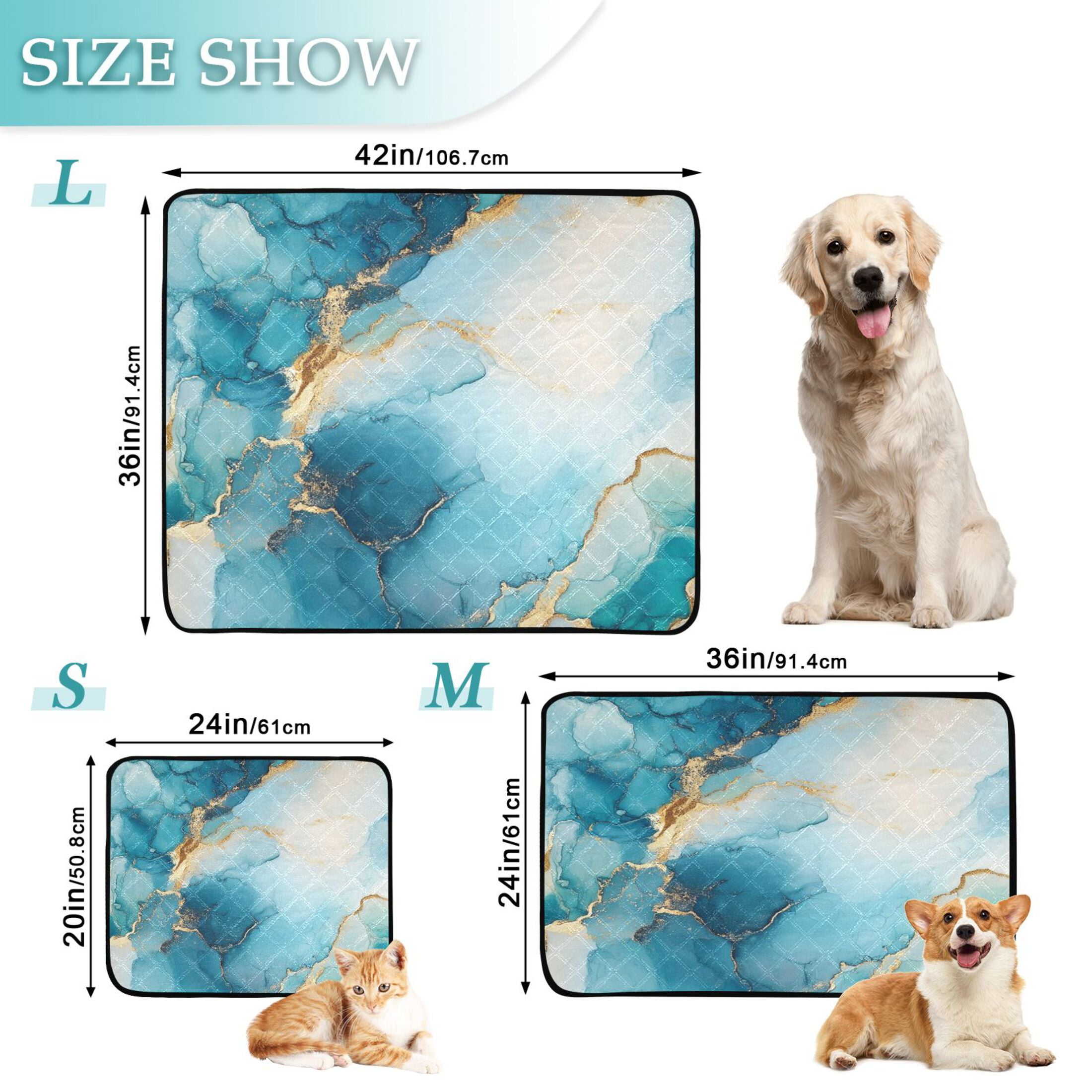 Qxltty Gilt Cyan Marble Cat litter Pads Pet Set of 2 Diaper Mats Center Anti-leakage Layer Absorbent Soft and Comfortable