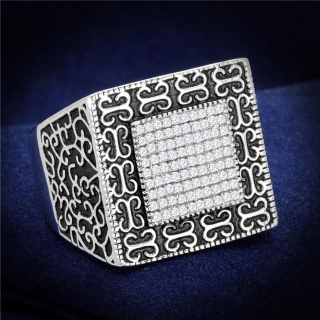 Men Rhodium 925 Sterling Silver Ring with AAA Grade CZ in Clear - Size 11