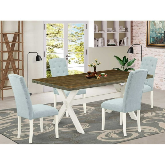 East West Furniture X077CE215-5 5-Piece Dining Room Set- 4 Dining Chair with Baby Blue Linen Fabric Seat and Button Tufted Chair Back - Rectangular Table Top & Wooden Cross Legs - Distressed Jacobean