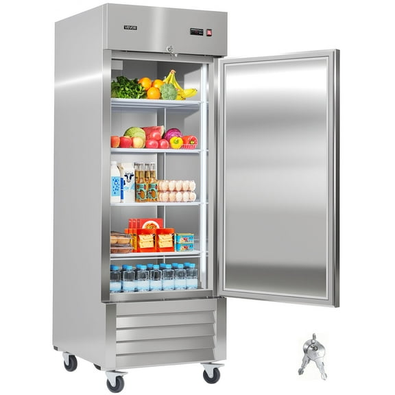 VEVOR Commercial Reach-In Refrigerator 29" W, 22 Cu.Ft Stainless Steel Upright Refrigerator with Single Door, Auto-Defrost, 4 Adjustable Shelves, 32 to 50℉ Temperature Control, ETL Certified