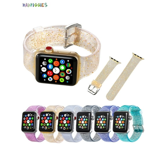BadPiggies Soft Silicone Glitter Sport Strap Replacement Band for Apple Watch 38mm 40mm 42mm 44mm iWatch Series 7 6 5 4 3 2 1