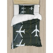 Airport Duvet Cover Set Twin Size, Aviation Themed Simple Illustration of Parked Airplanes Landed in Airfield, Decorative 2 Piece Bedding Set with 1 Pillow Sham, White Dimgray Fawn, by Ambesonne