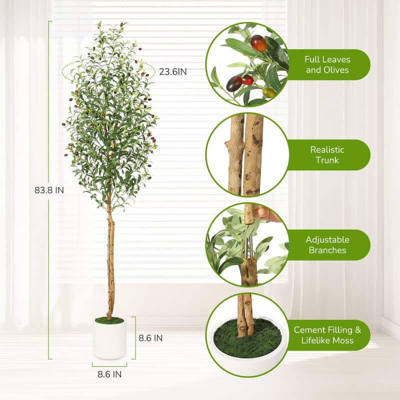 Eastvita 5FT/6FT/7FT Fake Olive Tree w/ Realistic Faux Silk Leaves, White Planter Pot, Natural Wood Trunk, & Green Moss - Great for Home, Office, Garden, & Living Room Decor, Indoor/Outdoor