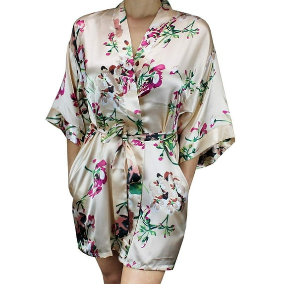 Ms Lovely Women's Floral Satin Bridesmaid Robe Short Kimono W/Pockets for Bridal Party - Champagne M/L