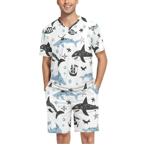joogoo Men's Pajama Set Cartoon Shark Fish V-Neck Pj Shorts Set 2 Piece Loungewear Sleepwear L