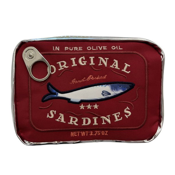 Bolsa de maquillaje con diseño de sardinas enlatadas, cierre de cremallera, exquisitos patrones de bordado, neceser portátil de viaje, organizador de cosméticos.