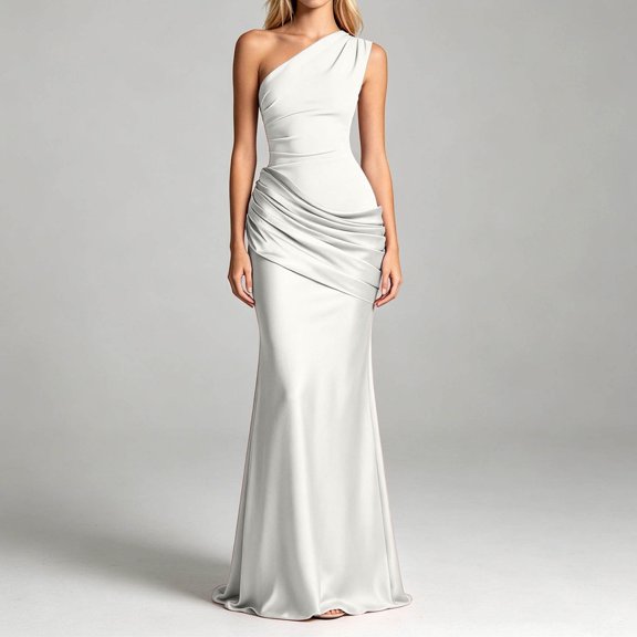 EliteGoogv Womens Bodycon Dresses One Shoulder Asymmetric Ruched Long Dresses For Women Slim Fit Satin Formal Evening Party Dresses White