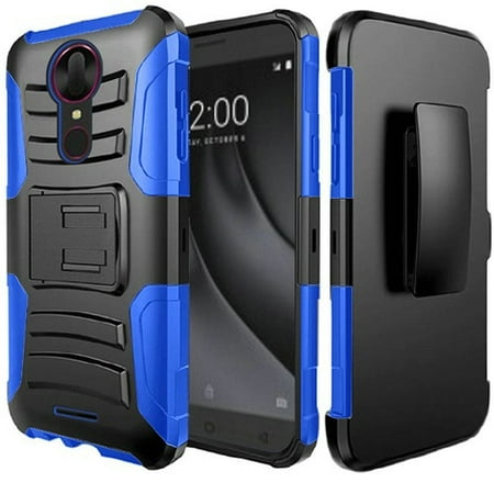 Mobile Phone Holster - Phone Case for T-Mobile REVVL Plus, Dual Layer Holster Belt Clip Cover Case with Kickstand + Tempered Glass Screen Protector (Blue)