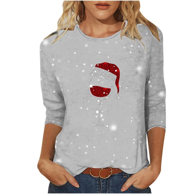 Besolor Chemises de Noël 3/4 pour Femmes Imprimées Col Rond Tuniques Décontractées Grande Taille Blouses de Vacances