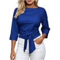 thumbnail image 2 of SSZMDLB Women 3/4 Sleeve Tie Front T-Shirts Round Neck Casual Summer Tops Solid Basic Tee Shirt Comfy Vacation Outfits Knotted Front Workout Clothes, Blue M, 2 of 5