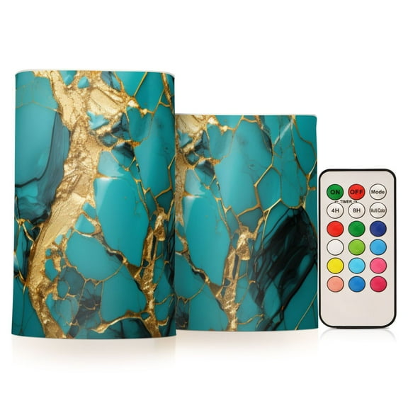 Turquoise and Gold Marble Flameless Candles with Remote Timer LED Battery Operated Flickering Candle Light for Festival Wedding Home Party